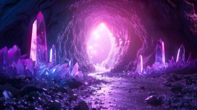 Mystical 3D rendered neon cave with glowing crystals and ambient light