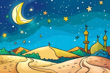 Wall Mural - Cartoon cute doodles of a Ramadan courtyard with a central fountain and colorful tiles adorning the walls, Generative AI