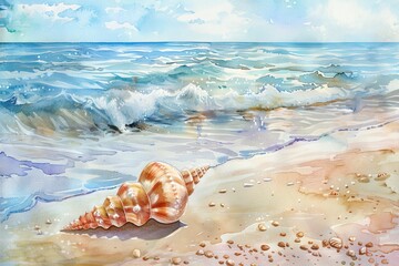 Wall Mural - Watercolor seaside and beach scenes, sunny and relaxing, with seashells, sand, and ocean views for vacation and travel designs.