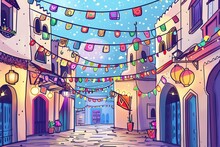 Cartoon Cute Doodles Of A Festive Ramadan Street Decorated With Colorful Lanterns, Banners, And Garlands, Generative AI
