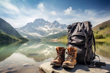 Wall Mural - Hiking Boots and Backpack on Rocky Shore Overlooking Serene Mountain Lake. Adventure and Trekking Concept