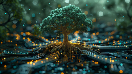 Digital tree amidst a circuit board, by AI Generative.