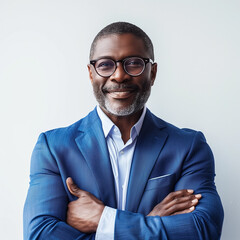 Confident African American businessman in a blue suit with crossed arms smiling against a grey background