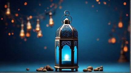 Lit lantern on a blue background Islamic holiday banner Ramadan, Raya Hari, Eid al-Adh