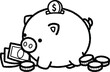 a vector of a cute pig with money related objects in black and white coloring
