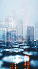 Double exposure of city, graph and rows of coins for finance and business concept