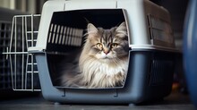 A Cat In A Cat Carrier. A Comfortable Journey With Pets With The Help Of A Pet Carrier.