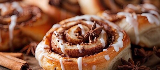 Canvas Print - A freshly baked cinnamon roll topped with sweet icing and garnished with cinnamon sticks, showcasing a tempting treat for cinnamon lovers.