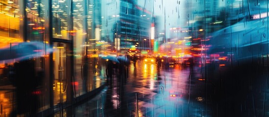 Canvas Print - The photo captures a city street bustling with heavy traffic, surrounded by towering tall buildings. The urban scene is filled with cars, buses, and pedestrians moving through the crowded street.