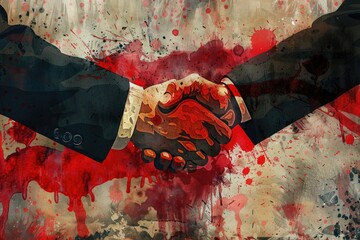 Wall Mural - Businessmen shake hands illustration, blood red background. Bloody politics concept. AI Generated 