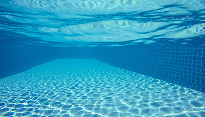 Wall Mural - Underwater empty swimming pool background with copy space; abstract blue rippled water surface