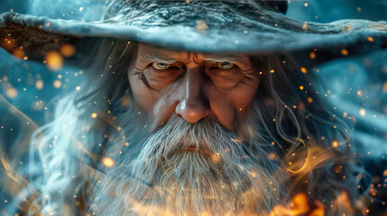 Portrait of an old man sage with a wizard beard wielding powerful magic fantasy character