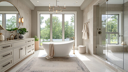 Poster - Beautiful bathroom in luxury home with double vanity, bathtub, mirror, sinks, shower, and hardwood floor