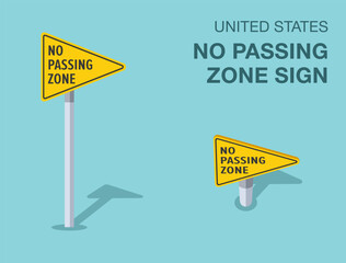 Wall Mural - Traffic regulation rules. Isolated United States no passing zone sign. Front and top view. Flat vector illustration template.