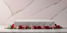 Stone Marble Podium Displace Rock With Empty Blank Area For Events Text Or Product Names With Flowers And Petals Decoration Banner For Valentine Love Or Anniversary Events