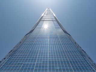 Wall Mural - An office building towers into the clear blue sky reflecting sunlight