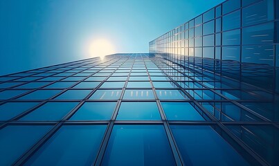 Wall Mural - An office building towers into the clear blue sky reflecting sunlight