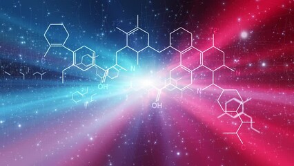 Poster - abstract chemistry hexagon bonds on glowing blue red coloured network background.