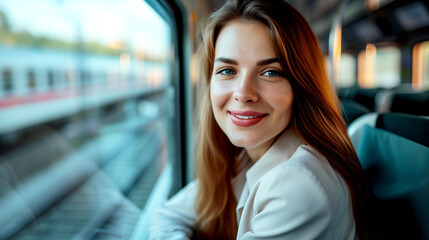 Happy young woman looking out the train window