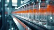 Advanced pharmaceutical factory. Glass vials on conveyor belt. Vaccine production facility.