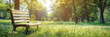 a park bench sitting in a sunny meadow, copy space, banner