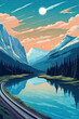 Landscape with Lake and Mountains. Illustration of Glacier Montana National Park. Hand-Drawn Vector Art Oil Painting Illustration in Anime Comic Art Style Background for Travel Poster, Banner, Flyer