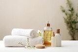 Fototapeta Londyn - Spa massage oil and clean towels, skin care products and towels on the table, spa still life, spa advertising, sea salt on the table, spa care, skin care, health