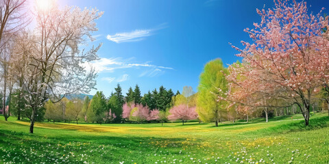 beautiful spring day panorama background,landscape  Meadow with blue sky and green grass, blossoming cherry trees, white and pink spring daisy flowers  ,banner 