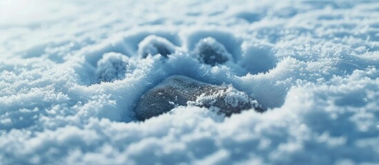 Poster - Fresh animal paw prints left in the snow, showcasing the distinct marks of wildlife activity in a wintry landscape. The prints reveal the presence of animals moving through the snow-covered terrain.