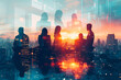 Business individuals collaborating in an office. Embodying the concept of teamwork and partnership. Double exposure effect with a modern city and light effects
