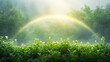 Juicy green leaves of plants in the rays of the sun on a rainbow background close-up