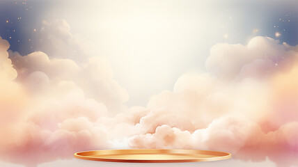 Wall Mural - an empty golden podium on a cloudy background for the presentation of goods in watercolor style