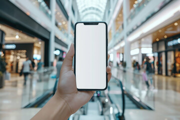 Wall Mural - a hand is holding mobile phone with a blank screen mockup with on shopping mall background