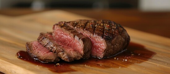 Canvas Print - A succulent piece of barbecue beef steak, cooked medium rare, is showcased on top of a rustic wooden cutting board. The steak appears tender and seasoned, ready to be enjoyed.