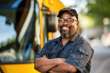 Wall Mural - Happy bus driver standing with arms crossed at looking at camera