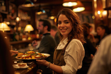 Wall Mural - Happy waitress serving food to group of friends in pub