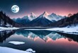 reflection of snowy mountain on body of water under full-moon wallpaper