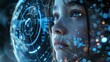 Close-up of a girl immersed in quantum technology, with a Sci-Fi musical backdrop, all in a dark setting