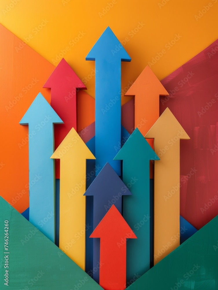 Upward 3D arrows, business ascent concept, sharply isolated against a colored canvas