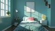 © mashimara - Cozy bedroom with blue walls, sunny window, and colorful decor, perfect for interior design and lifestyle concepts.