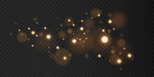 Golden lights bokeh with abstract bright glares isolated on dark transparent background. Flare and glare effect. Vector illustration.