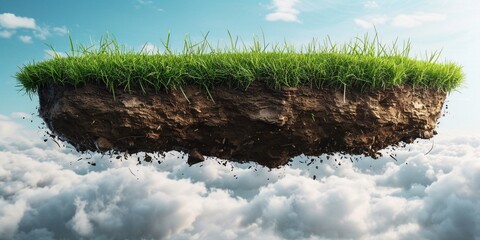 A hovering patch of earth covered in lush greenery and soil, with an aerial view and clear sky background.