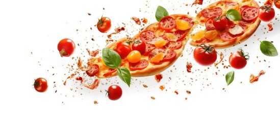 Wall Mural - delicious pizza ingredients flying on white background