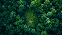 Aerial Top Down View Of A Green Forest With Human Fingerprint In The Middle , Deforestation And Human Impact On Nature Biodiversity Concept Illustration. Generative Ai