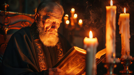 An aged bearded orthodox christian monk reading bible