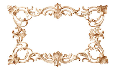 Vintage gilded rectangular frame with floral elaborate details isolated on transparent background