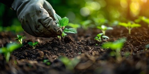 Farmer agriculture work hard young wheat in the field, the concept of natural farming, agriculture, the worker touches the crop and checks the sprouts, protect the ecology of the cultivated