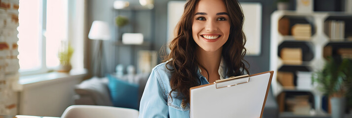 Wall Mural - Happy professional female psychologist holding clipboard