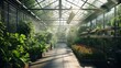 © Ayesha - A modern greenhouse with glass walls and ceilings, filled with rows of thriving plants, herbs, and flowers, bathed in natural sunlight.