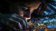 Close-up of a mysterious girl solving a 3D jigsaw puzzle, shrouded in darkness and intrigue